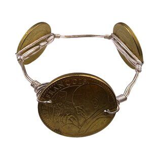 Gold Tone Religious Medallion Coin Bracelet Wire Wrapped Adjustable Handmade